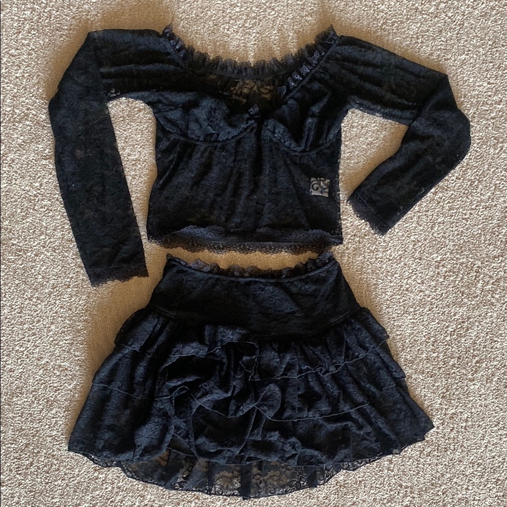 Black Lace Off-Shoulder Top and Skirt Set